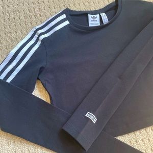 adidas Black Long Sleeve Crop Top with White Shoulder Stripes